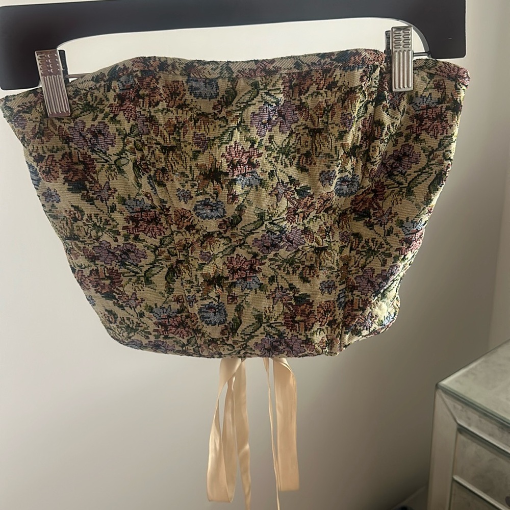 Denim Tapestry Corset Top strapless with Ribbon Lace up Back